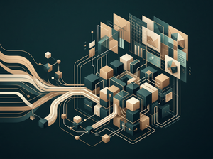 Abstract visualization of data warehouse architecture with interconnected nodes and data pipelines